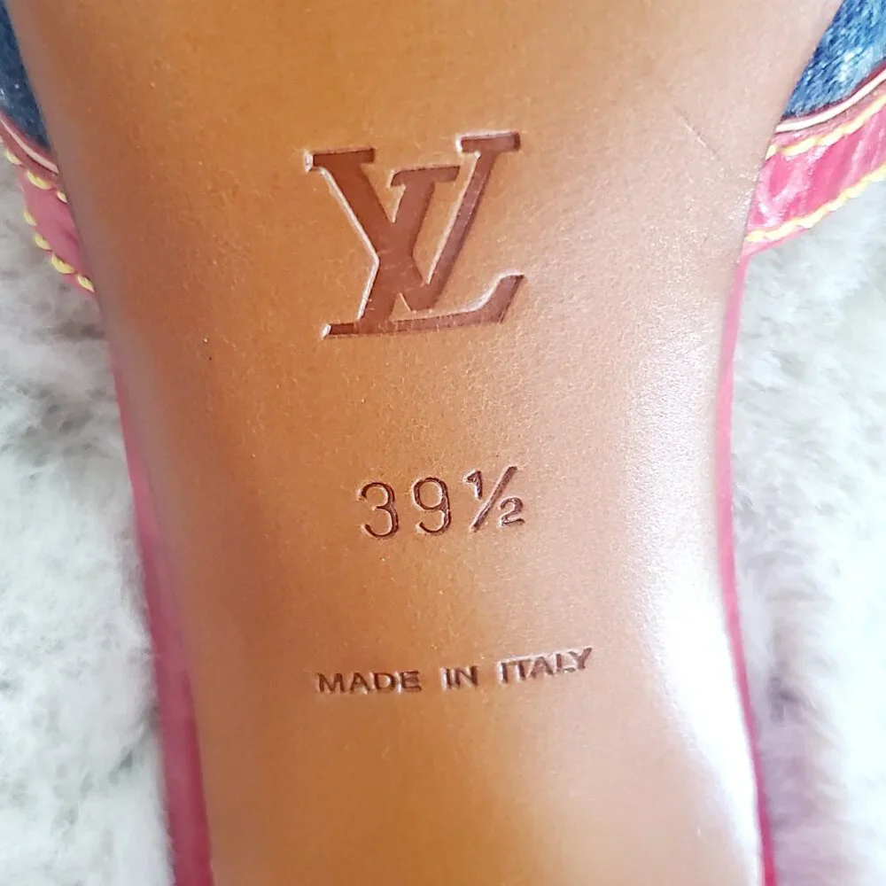 Louis Vuitton Monogram Denim Slide Sandals Red Leather Y2K LV Mule Luxury Size 9 - Picture 6 of 16